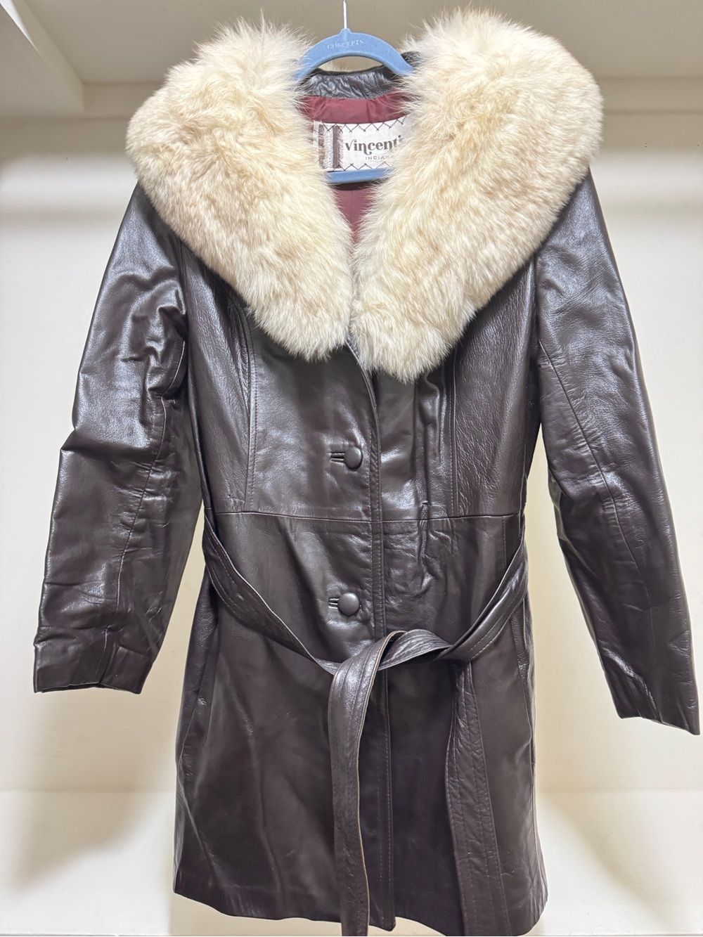 Women’s Genuine Leather Coat with Large Genuine Fur Collar – Dark Brown